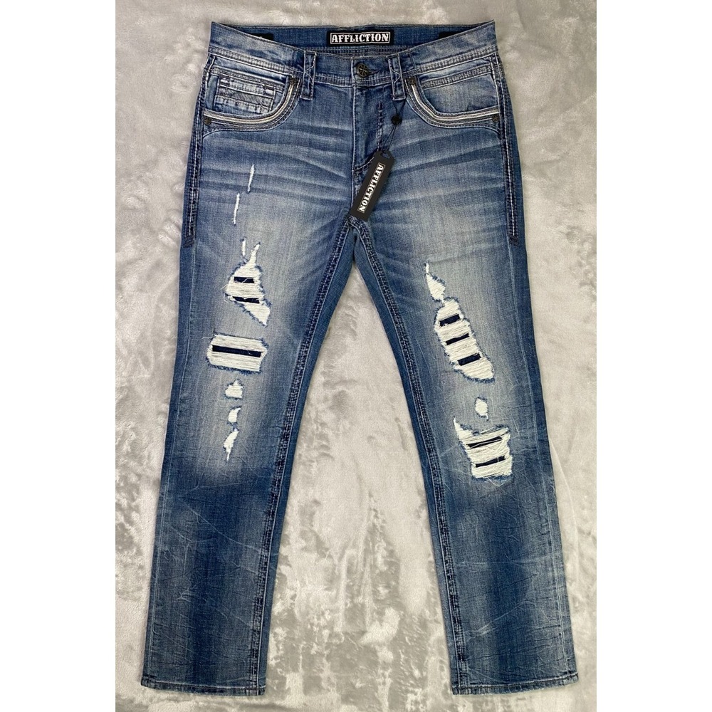 Affliction Ace Denim Jeans Mens 32x32 Blue Distressed New With Tags Classic